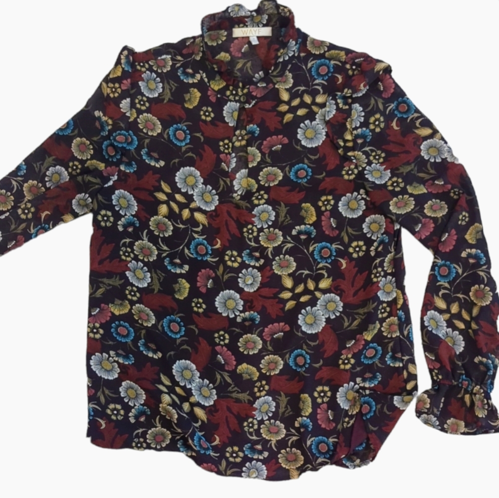 Wayf Floral Long Sleeve  Blouse with Keyhole Neck Ruffle Trim Size Medium